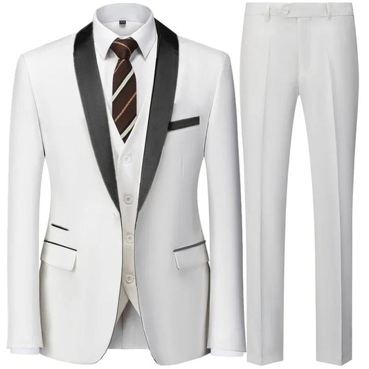 Large size men's three-piece suit from MANDOTOS INTERNATIONAL, slim fit style, suitable for autumn wedding parties.