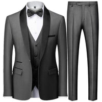 Large size men's three-piece suit by MANDOTOS INTERNATIONAL, slim fit style, suitable for autumn wedding parties, shown on a model.