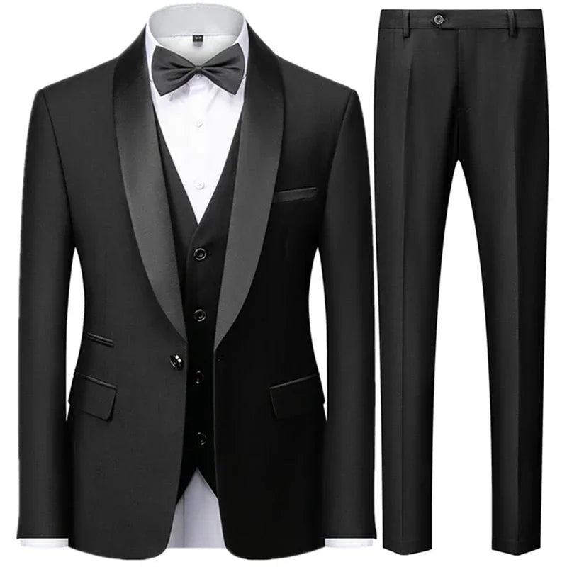 Large size men's three-piece suit by MANDOTOS INTERNATIONAL, slim fit style perfect for autumn wedding parties.