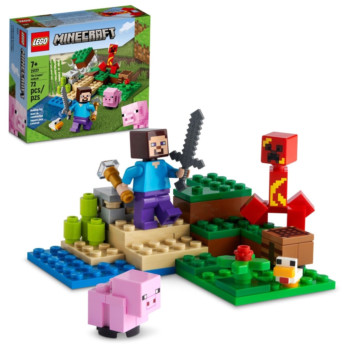 LEGO Minecraft Creeper Clash Set 21177 with Steve and animal friends, featuring LEGO minifigures and Minecraft-themed accessories.