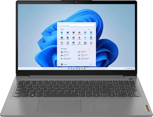 Lenovo Ideapad 3i 15.6-inch FHD touchscreen laptop with i5 processor, sleek black design and keyboard visible.