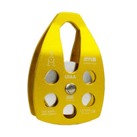 Mandotos International custom single fixed mountaineering pulley for outdoor climbing and travel, shown with climbing rope and hardware.