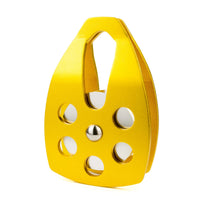 Mandotos International custom single fixed mountaineering pulley for outdoor climbing and travel, shown with climbing rope.