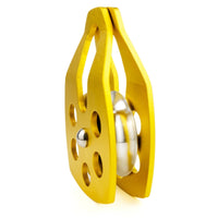 Mandotos International custom single fixed mountaineering pulley for outdoor climbing and travel kits, with climbing rope attached.