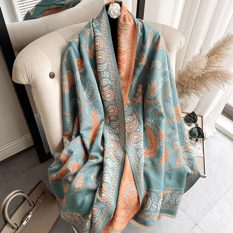 Mandotos International LuxeBreeze UV scarf in lightweight fabric, featuring a stylish pattern and versatile design for sun protection.
