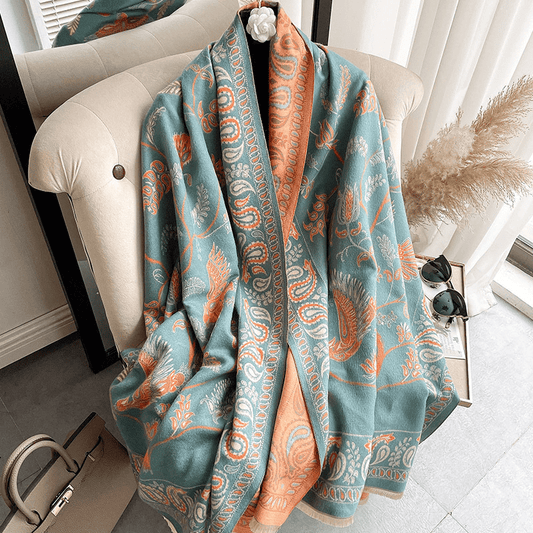 Mandotos International LuxeBreeze UV scarf in lightweight fabric, featuring a stylish pattern and versatile design for sun protection.