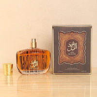 Luxury Arabian Musk Oud and Cedarwood men's Eau de Toilette by Mandotos International, featuring a sleek bottle with rich, warm fragrance notes.
