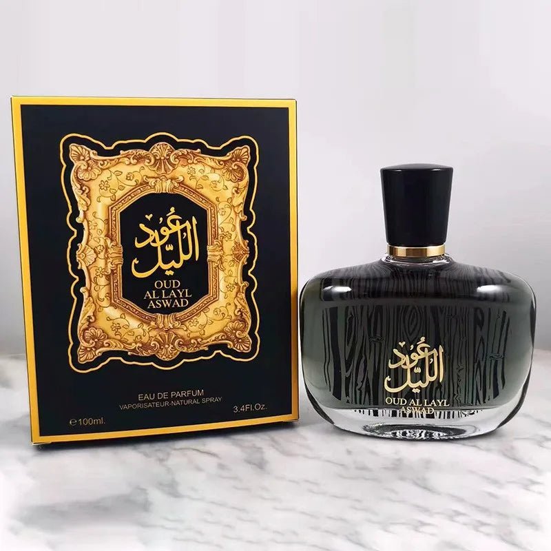 Luxury Arabian Musk Oud and Cedarwood men's Eau De Toilette by MANDOTOS INTERNATIONAL, featuring a sleek bottle and dark aromatic scent.