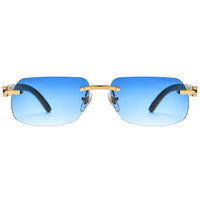 Luxury buffalo horn sunglasses for men and women by MANDOTOS INTERNATIONAL, stylish design with dark tinted lenses.