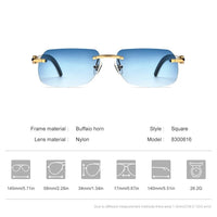 Luxury buffalo horn sunglasses by Mandotos International for men and women, stylish frame with dark tinted lenses.