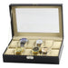 Luxury glass window watch case and jewelry box by MANDOTOS INTERNATIONAL, ideal for travel and gift storage.
