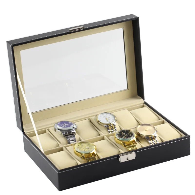 Luxury glass window watch case jewelry box by MANDOTOS INTERNATIONAL, perfect for travel and gift storage of watches and jewelry.