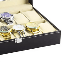 Luxury glass window watch case and jewelry box by MANDOTOS INTERNATIONAL, ideal for travel and gift storage.