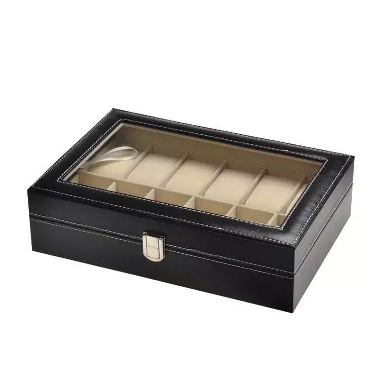 Luxury glass window watch case jewelry box by Mandotos International, ideal for travel and gift storage.