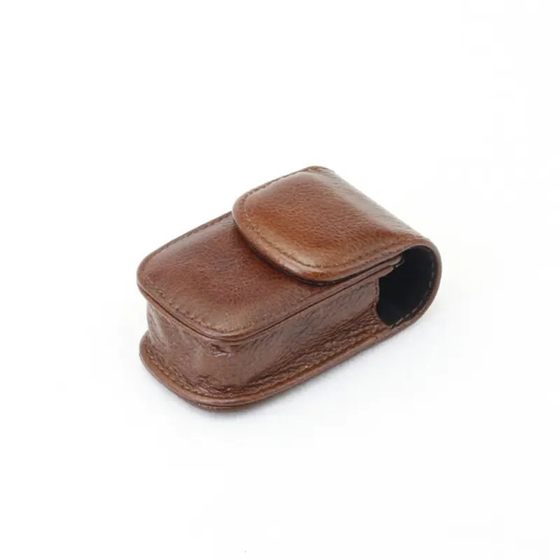 Luxury leather folding eyewear case by MANDOTOS INTERNATIONAL, shown in dark brown with soft interior lining.