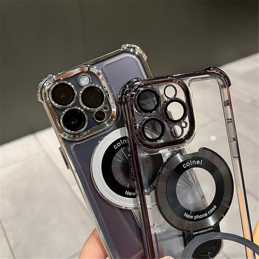 Luxury shockproof magnetic MagSafe case for iPhone 17 Pro Max by MANDOTOS INTERNATIONAL, showing a sleek black design with reinforced edges.