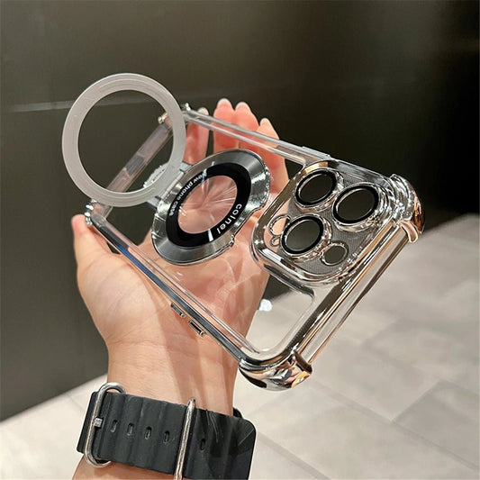 Luxury shockproof magnetic Magsafe case for iPhone 17 Pro Max by MANDOTOS INTERNATIONAL, showing the sleek black protective design.