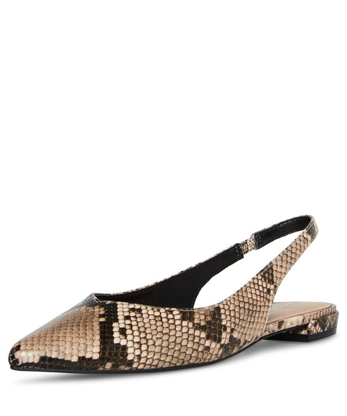 Madden Girl Delaneyy snake-print sling-back flat shoes in multi-color, featuring a pointed toe and sleek design.