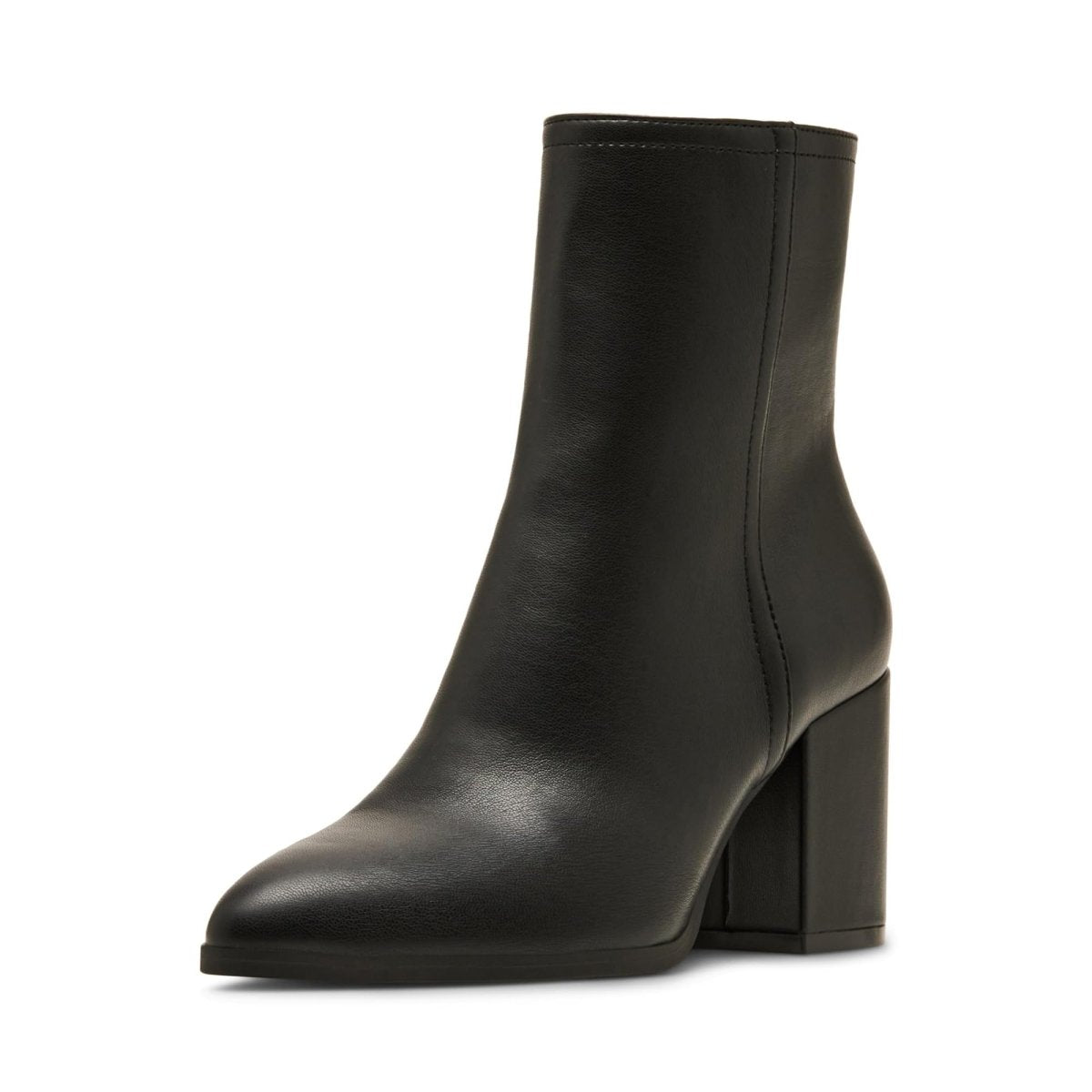 Madden Girl Tatee block heel bootie in black leather with side zipper and stylish silhouette, by MANDOTOS INTERNATIONAL.