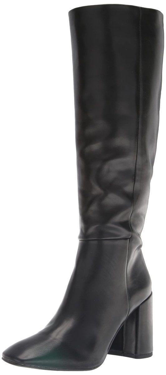 Black Madden Girl William knee-high boots with chunky heel and pointed toe, designed for stylish fall and winter wear.