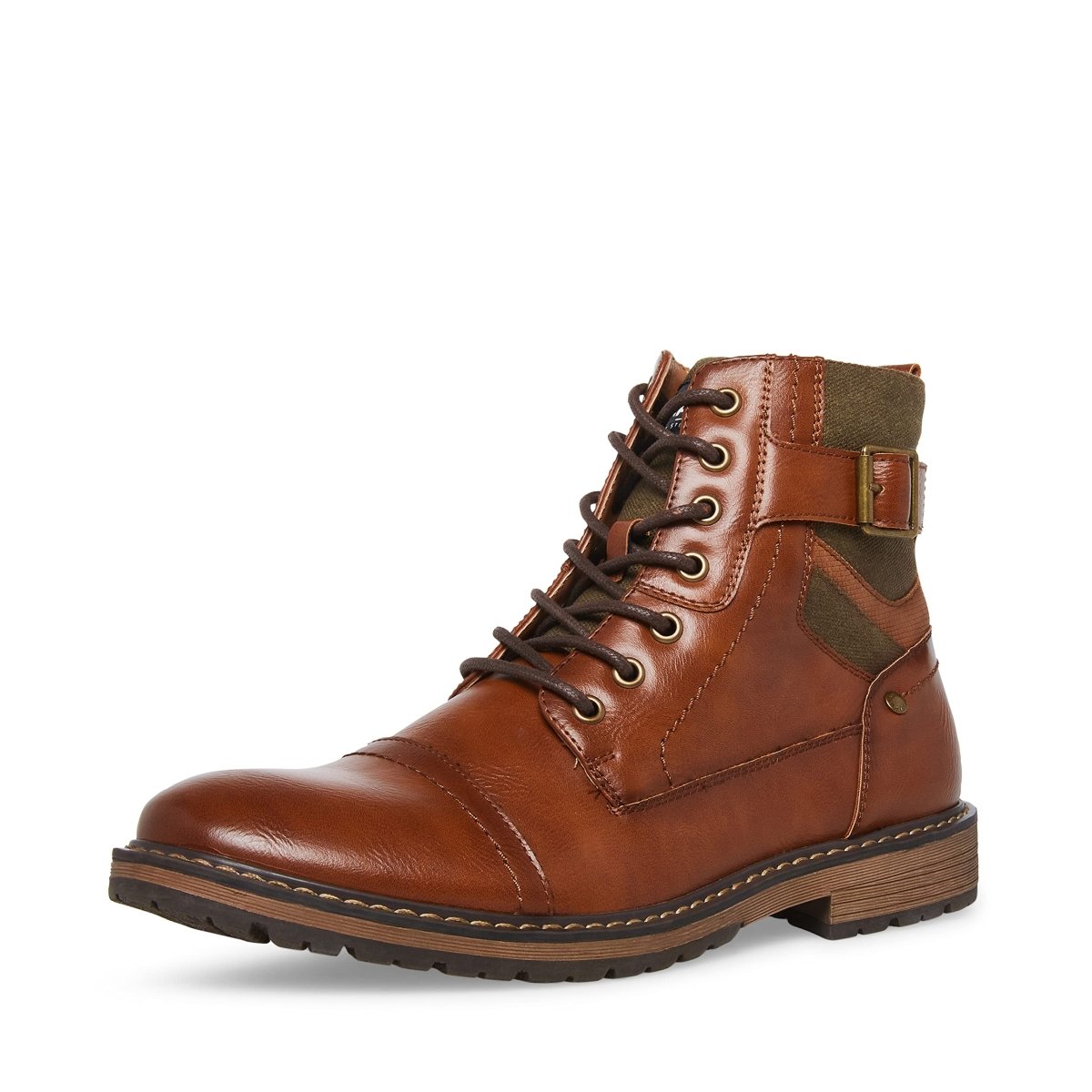 Mandotos International Madden Men's Titan Cap Toe Combat Boots, black leather with sturdy sole and lace-up design.