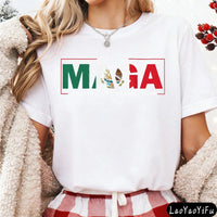 Mandotos International MAGA Mexicans Ain't Going Anywhere T-shirt with vintage Mexican letter print, casual summer clothing.