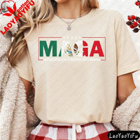 Mandotos International MAGA Mexicans Ain't Going Anywhere T-Shirt featuring vintage Mexican-American letter print design.
