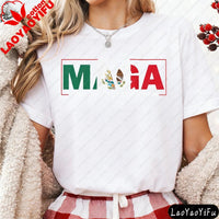 Mandotos International MAGA Mexicans Ain't Going Anywhere T-Shirt with vintage Mexican flag design and letter print, casual summer clothing