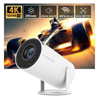 Mandotos International Magcubic Pro 4K Android 11 projector showing a vibrant home cinema scene with dual WiFi 6 and Bluetooth 5.0.