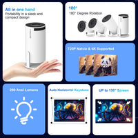 Mandotos International Magcubic Pro 4K Android 11 projector with dual WiFi 6, Bluetooth 5.0, home cinema, outdoor use, black design.