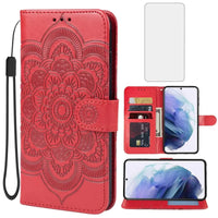 Mandotos International Mandala Red Wallet Case for Galaxy S21 with built-in screen protector, featuring card slots and stylish design.