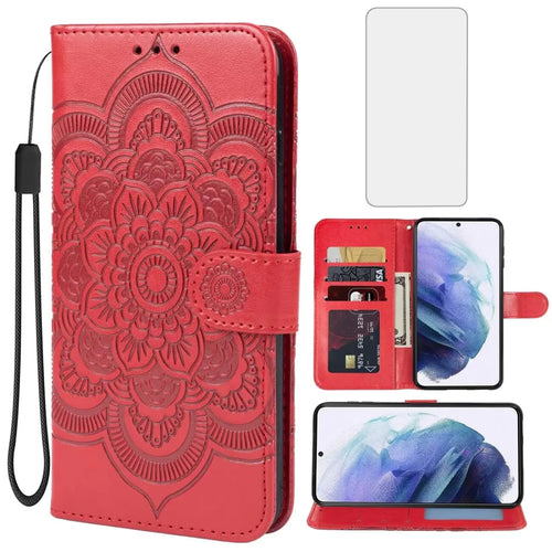 Mandotos International Mandala Red Wallet Case for Galaxy S21 with built-in screen protector, featuring card slots and stylish design.