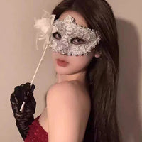 Elegant black lace half-face masquerade mask with gothic design, perfect for fancy dress, Halloween, and themed events.