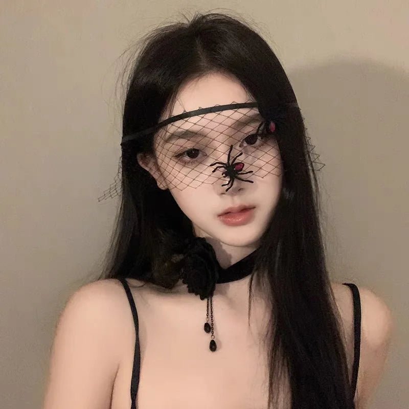 Elegant black lace half-face masquerade mask by Mandotos International with gothic design, perfect for fancy dress and Halloween events.