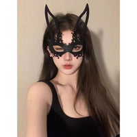 Elegant black lace half face masquerade mask by MANDOTOS INTERNATIONAL, perfect for gothic-themed events and Halloween costumes.