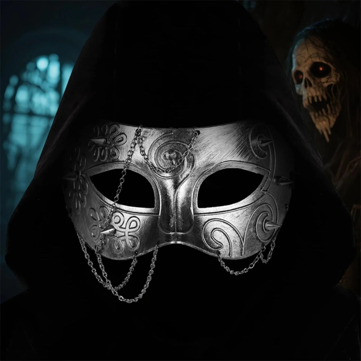 Medieval Knight Armor half face mask for adults, masquerade costume accessory by MANDOTOS INTERNATIONAL, featuring metallic detailing.
