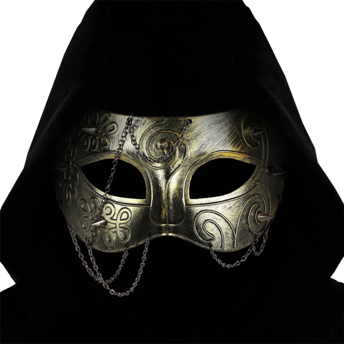 Mandotos International medieval knight armor half face mask for adults, masquerade costume accessory with detailed metallic design.