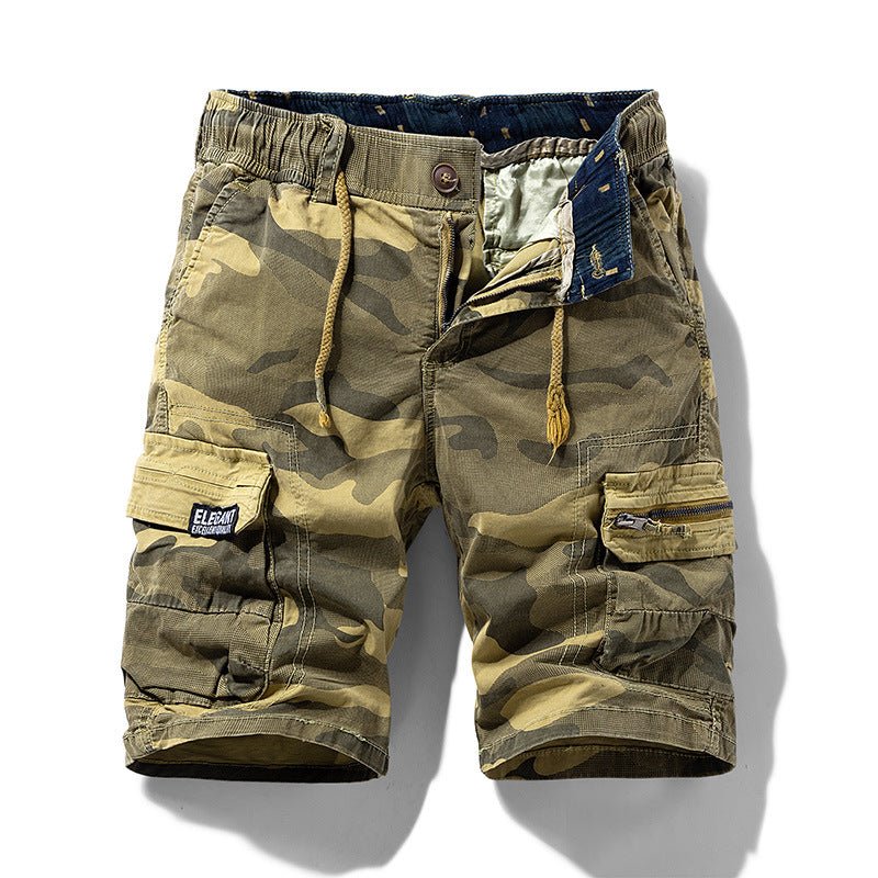 Men's camouflage street outdoor stretch tooling shorts by MANDOTOS INTERNATIONAL showing front view with pockets and relaxed fit