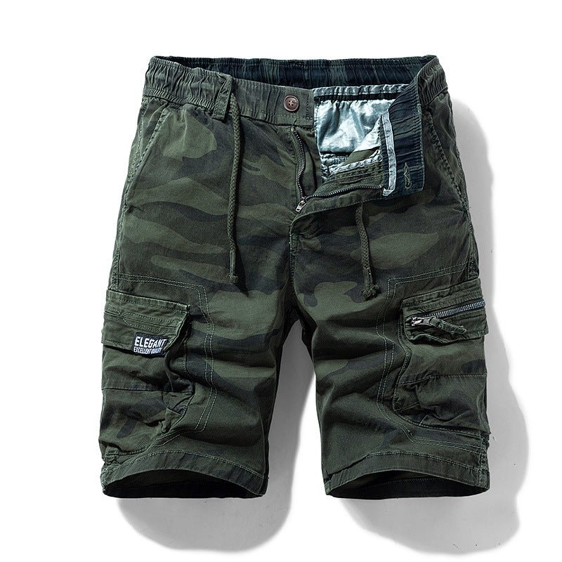 Men's camo street outdoor stretching tooling shorts by Mandotos International, featuring a relaxed fit and camouflage pattern.