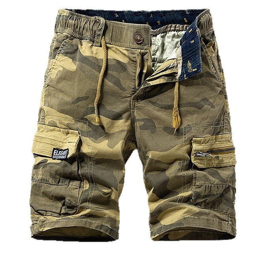 Men's camo street outdoor stretch tooling shorts by MANDOTOS INTERNATIONAL, featuring a relaxed fit and camo pattern.