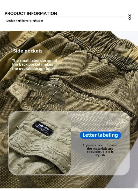 Men's camouflage street outdoor stretch tooling shorts by Mandotos International, featuring a casual design and elastic waistband.