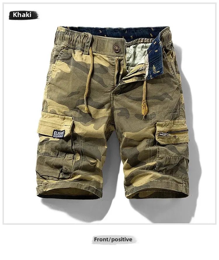 Men's camouflage outdoor stretch tooling shorts by MANDOTOS INTERNATIONAL, featuring a casual streetwear style and functional design.