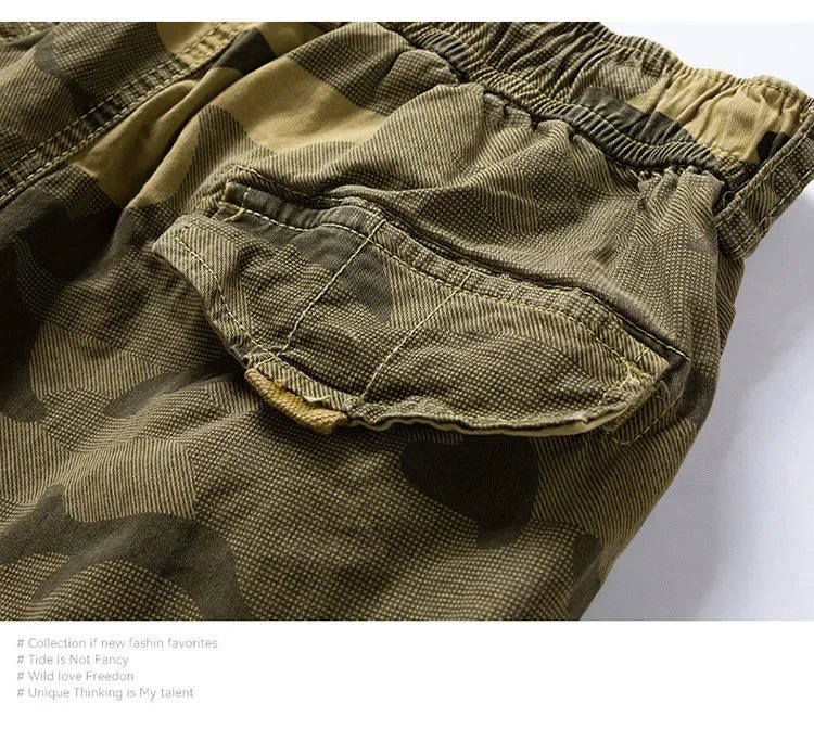 Men's camouflage street outdoor stretch tooling shorts by MANDOTOS INTERNATIONAL, featuring a casual fit and durable fabric.