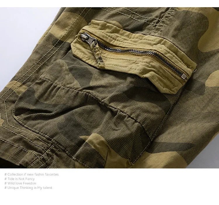 Men's camo street outdoor stretch tooling shorts by Mandotos International, featuring a relaxed fit and rugged camouflage pattern.