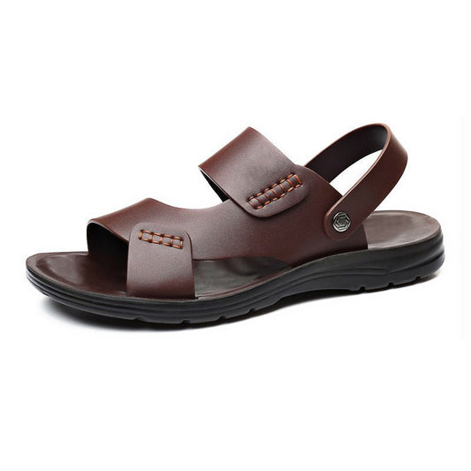 Men's Coastal Stroll Sandals by MANDOTOS INTERNATIONAL featuring tan straps and cushioned soles for comfortable summer wear.