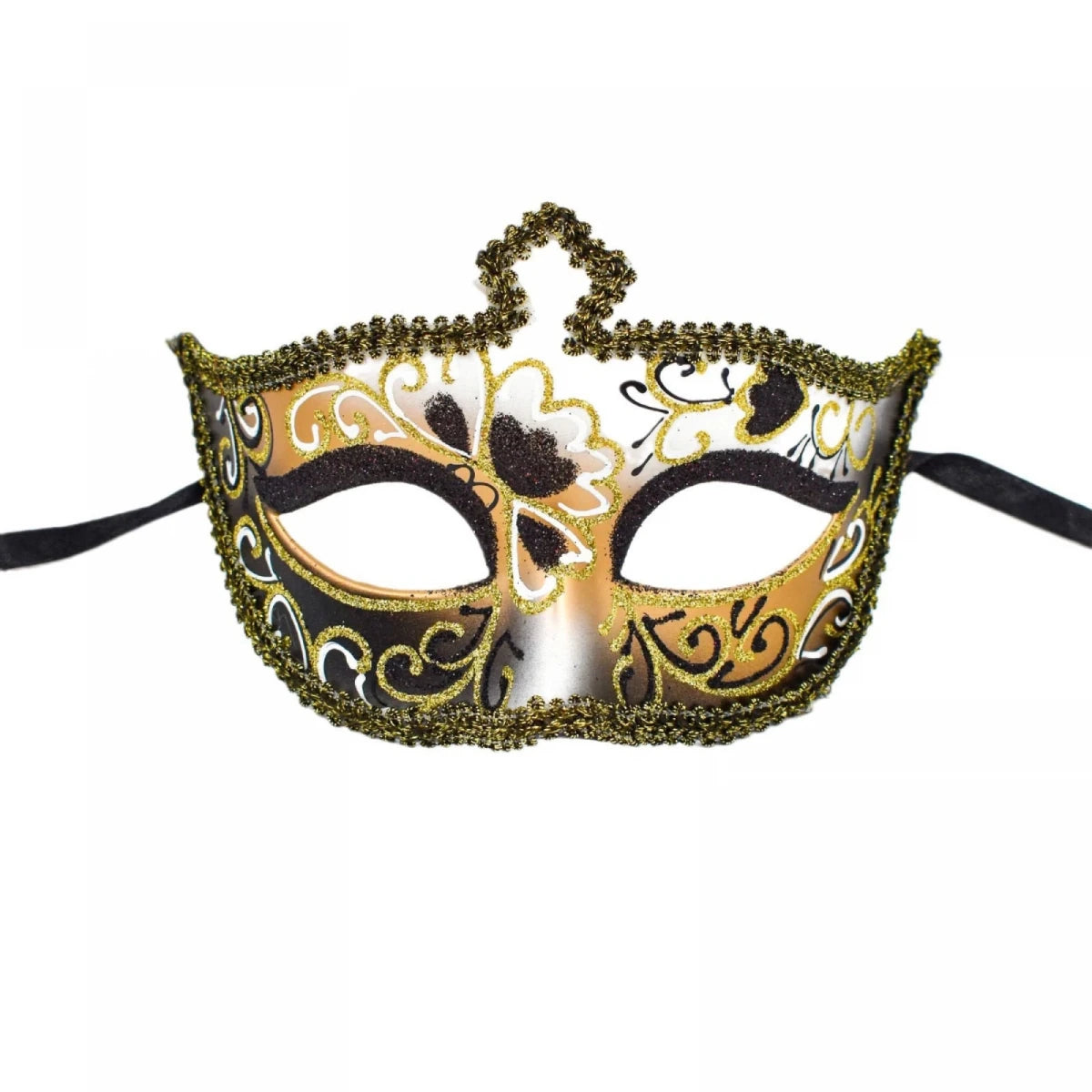 Men's glitter half face mask by MANDOTOS INTERNATIONAL, ideal for masquerade balls and Halloween costumes, with shimmering design.