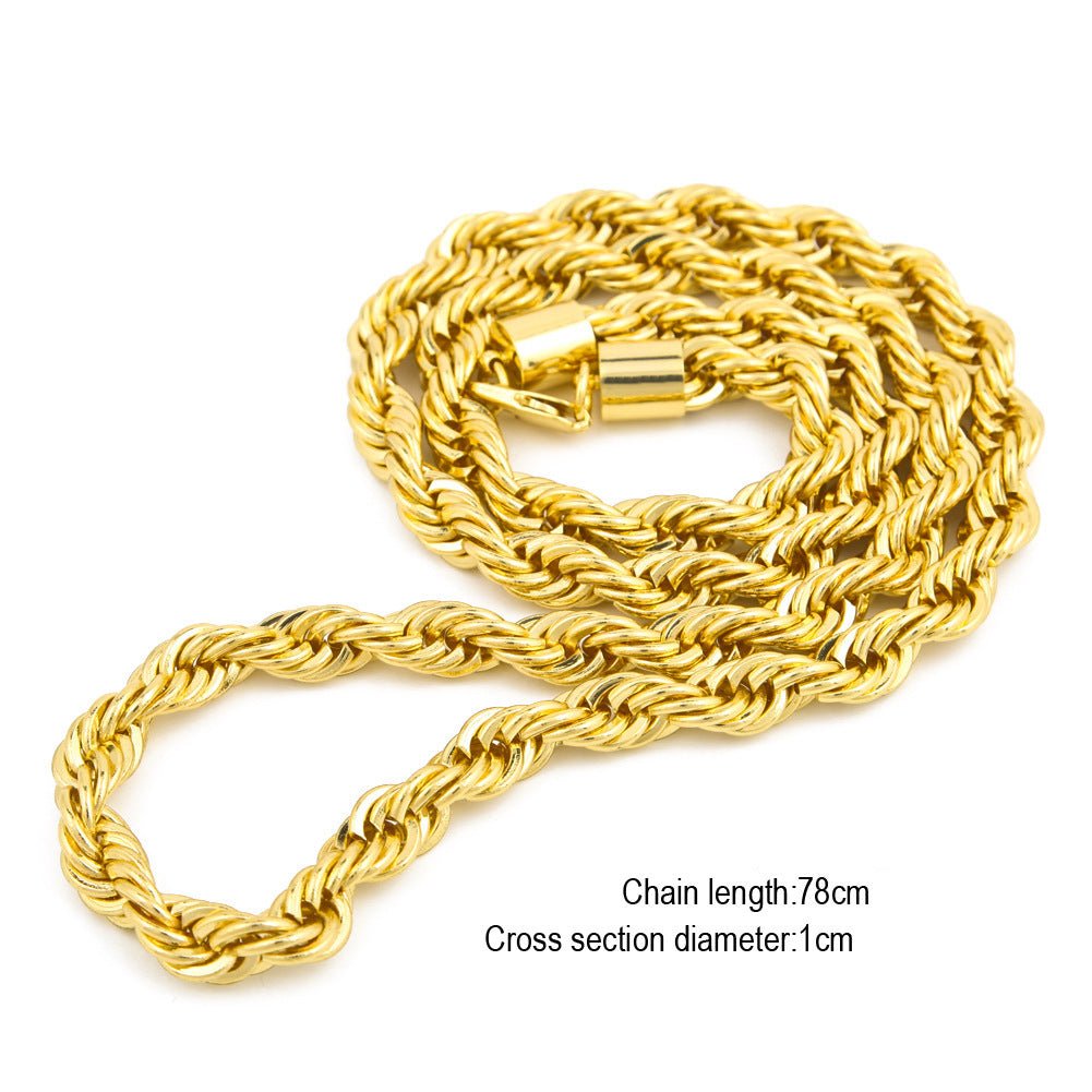 Men's gold-plated hip-hop necklace with a 1cm twist rope chain, high fashion style, from MANDOTOS INTERNATIONAL.