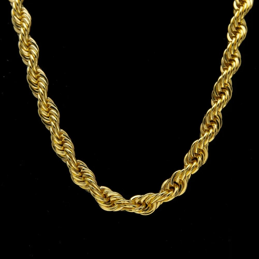 Men's gold-plated hip-hop necklace with a 1cm twist rope chain, high fashion style, by MANDOTOS INTERNATIONAL.