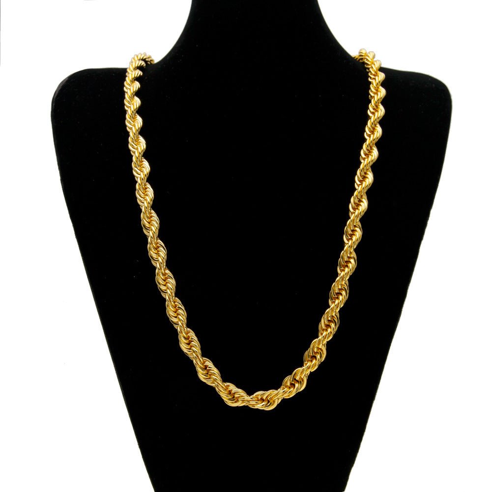 Men's gold-plated hip-hop necklace with a 1cm twist rope chain, high fashion style, by MANDOTOS INTERNATIONAL.