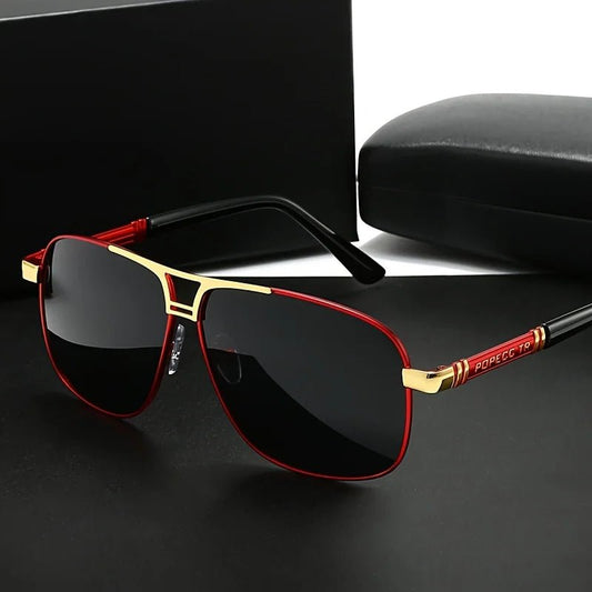 Men's large black to red gradient TAC lens sunglasses with full-rim iron frame, polished finish and easy-clean surface.